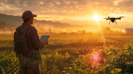 Modern Agriculture: Farmer with Drone in Sunrise Field
