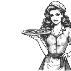 Pin-up vintage waitress in classic uniforms, with pizza sketch engraving generative ai fictional character vector illustration. Scratch board imitation. Black and white image. - 791933933