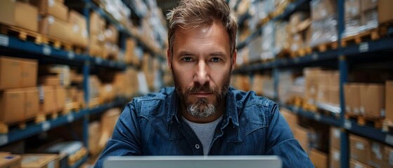Businessman oversees warehouse operations and manages inventory using laptop for shipping. Concept Warehouse Management, Inventory Control, Shipping Operations, Business Efficiency