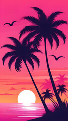 Fototapeta na wymiar Illustration of a silhouette of palm trees against the backdrop of a pink sunset on a tropical sea beach. Traveling, vacation