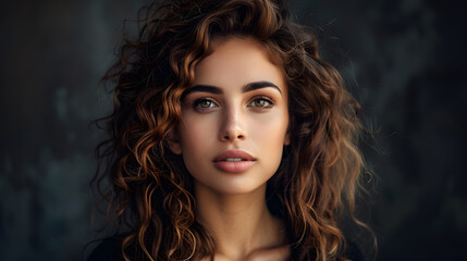 Fototapeta premium Curly-Haired Woman's Sensual Glamour in Studio Portrait