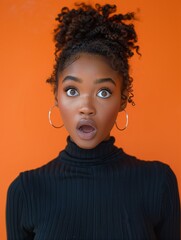 Afro Woman with Surprised Expression, Open Mouth and Eyes, Black Sweater, Earrings, Burnt Orange Background