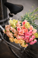 Bouquet of freshness carnations on a bicycle on a city street
