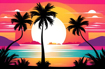 Illustration of a silhouette of palm trees against the backdrop of a pink sunset on a tropical sea beach. Traveling, vacation