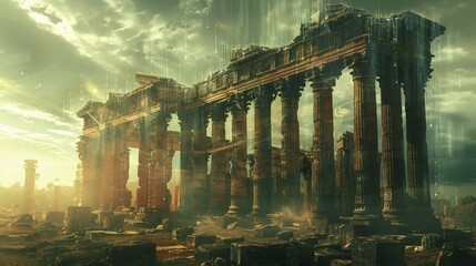 The Parthenon in ruins, overgrown with plants and bathed in the light of the setting sun - obrazy, fototapety, plakaty