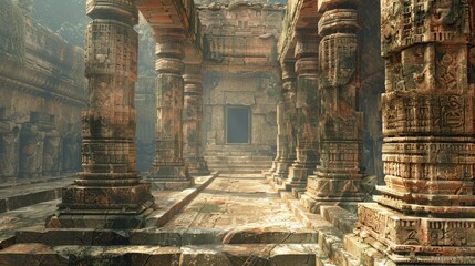 Carved temple ruins overgrown by jungle
