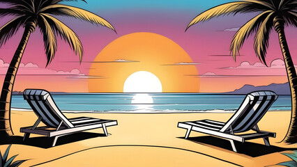 Illustration of palm trees and sun loungers against the backdrop of sunset on a tropical sea beach. Travel, vacation