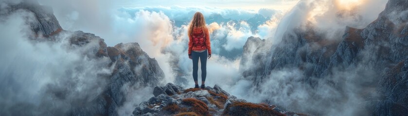A resilient woman stands atop a mountain in a victorious pose, with dramatic clouds in the background - obrazy, fototapety, plakaty