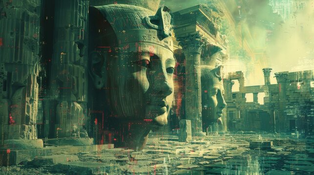 A digital painting of an ancient Egyptian city with large statues of pharaohs.