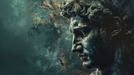 A highly detailed 3D rendering of a Greek statue with a dark green and blue background.