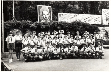 Gurzuf, Crimea, USSR - 05.09.1977: group photo of the pioneer drummer corps in the Artek camp....