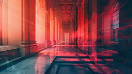 liminal space, red, pillars, columns, perspective