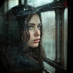 A melancholic lady gazes out the vintage train window, immersed in the somber ambiance