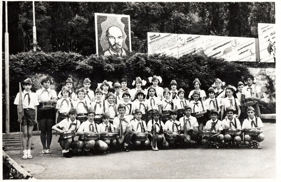 Gurzuf, Crimea, USSR - 05.09.1977: group photo of the pioneer drummer corps in the Artek camp. Gurzuf, Crimea, USSR , 1977