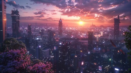 A beautiful sunset over a futuristic city.