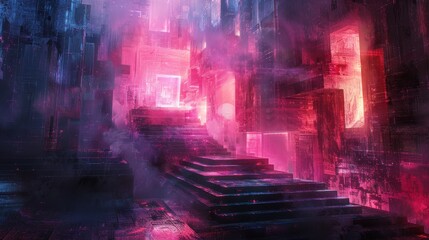 A dark and mysterious temple with glowing pink and blue lights.