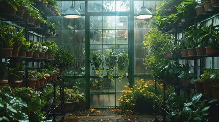 A greenhouse full of lush plants and flowers