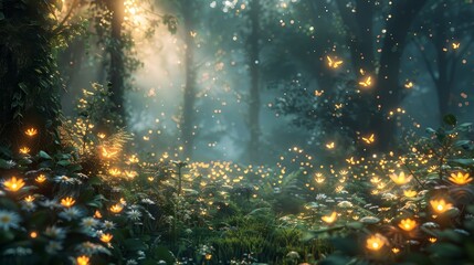 A magical forest glade with glowing flowers and butterflies