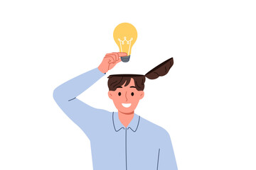 Man learns about innovative idea puts light bulb inside head to improve own creative thinking. Brilliant idea from business guy came up with new invention during brainstorming session
