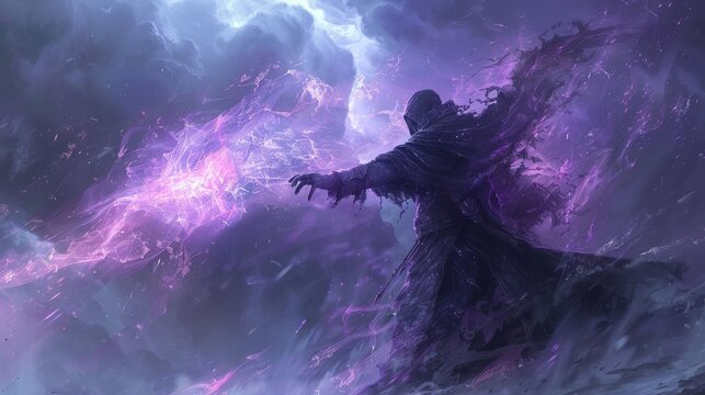 Dark figure in a purple cloak casting a spell