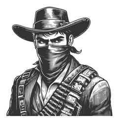 rugged outlaw from the Old West, wearing a bandana and ammo bandolier, stern look sketch engraving generative ai fictional character vector illustration. Scratch board imitation. Black and white image - obrazy, fototapety, plakaty