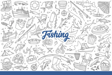 Fishing supplies and fish or boats and tents for fishermen interested in active hobbies. Set on theme of fishing with accessories for design of magazine for fans of sportfishing. Hand drawn doodle - 791935519