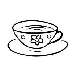 A cute hand-drawn cup of tea, a hot beverage doodle, a black and white icon