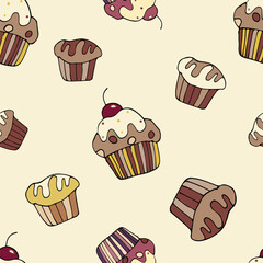 A seamless cupcake and muffin pattern in pastel tones, a hand-drawn cupcake background with a cherry on top, a wrapping paper doodle design 