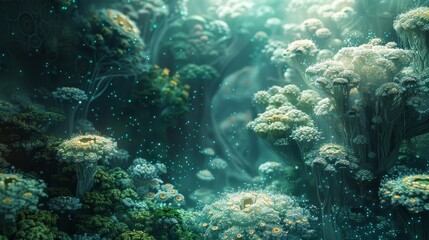 An ethereal dreamscape painting of an underwater garden with glowing flowers and mysterious light