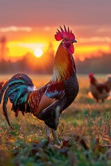 Rooster Crowing at Sunrise in Rustic Countryside