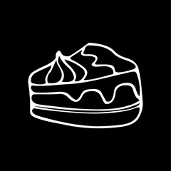 A cute hand-drawn slice of cake, a black and white cupcake icon, a pastry doodle, a cake sketch, chalkboard style 