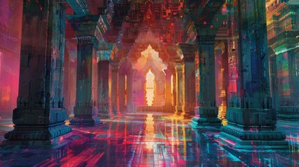 Vibrant colors illuminate a temple's interior with ornate pillars and a glowing doorway.