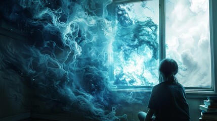 A girl looking out the window at a beautiful nebula - obrazy, fototapety, plakaty