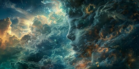 A beautiful ethereal portrait of a woman's face made of stars and clouds with a colorful background.