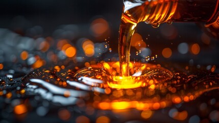 Pouring honey from a bottle into a glass bowl