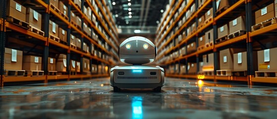 Fototapeta premium A warehouse robot resting by shelves in a brightly lit warehouse at night. Concept Industrial Automation, Technology at Work, Night Shift, Robotics in Warehouse, Artificial Intelligence