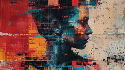 A portrait of a woman's face, half covered by colorful glitch patterns. - obrazy, fototapety, plakaty