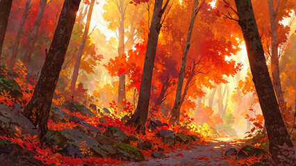 A vibrant autumn forest ablaze with fiery hues of red, orange, and gold, where leaves rustle in the breeze and sunlight filters through the canopy