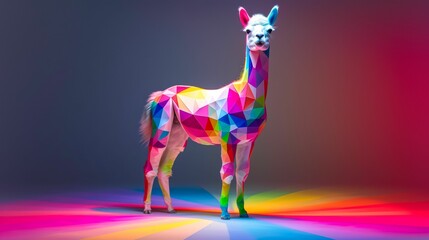 Avant-garde alpaca in avant-garde attire, sporting geometric patterns, against an abstract art backdrop, lit with dramatic spotlights, emanating artistic flair and creativity