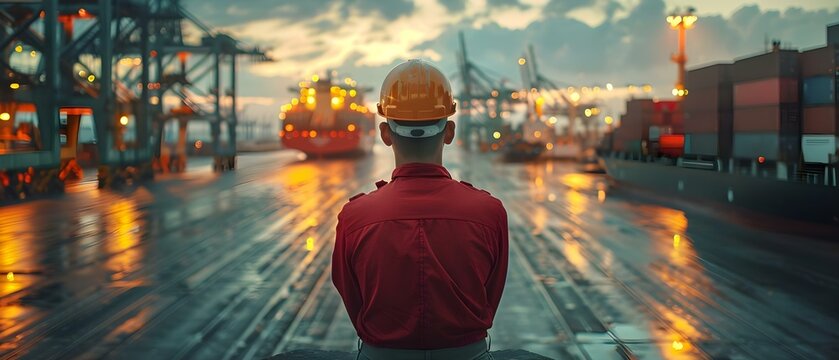 Port control officer oversees cargo ship loadingunloading at container yard for importexport. Concept Port Control Officer, Cargo Ship Operations, Container Yard Management, Import/Export Logistics
