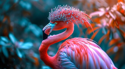 Flamboyant flamingo adorned with a bejeweled headdress, wearing a feathery boa, amidst a tropical paradise backdrop, lit with vibrant hues, radiating extravagance and charm - obrazy, fototapety, plakaty