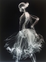 An X-ray stock image showcasing the skeletal structure of a female dancer in a ballet pose against a black background.