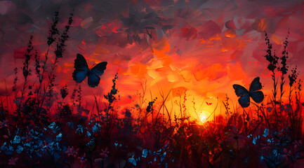 Sunset Silhouette Serenity: Tranquil Oil Painting of Flowers and Butterflies Backlit by Sunset