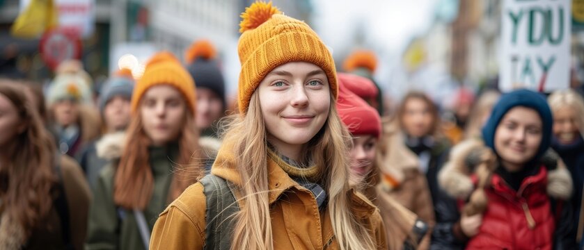 Women march in a city parade on International Women's Day, chanting empowering slogans in an urban setting
