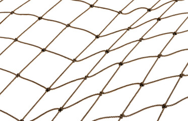 Football or tennis net. torn Rope mesh on a white background close-up. rope in snow