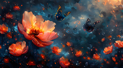 Whimsical Glow: Vibrant Oil Painting of Mythical Butterfly and Glowing Flowers