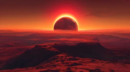 Zelfklevend Fotobehang Apocalyptic dramatic image, doomsday event concept. Glowing full moon and planet Nibiru in dark red sky above black mountains and sea Ai generated  © Hamid