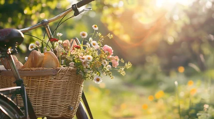 Gordijnen Vintage style bike with a wicker basket containing flowers bread © Emma