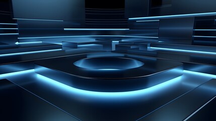 3d rendering of blue and black abstract geometric background. Scene for advertising, technology, showcase, banner, game, sport, cosmetic, business, metaverse. Sci-Fi Illustration. Product display