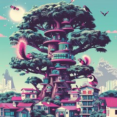 A city built within the branches of a colossal tree, its inhabitants living in harmony with the birds and squirrels ,